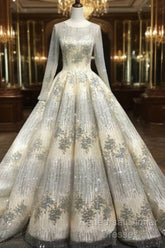Long Sleeve Luxury Diamond Sparkly Wedding Dress Semi Formal Prom Dress